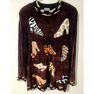 Vintage Becher Animal Print Heels Sweater Women's Size L Chenille Knit Pullover